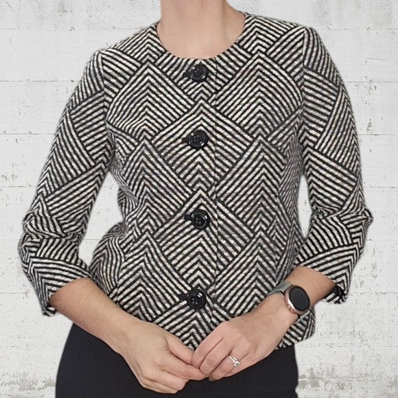 Anne Klein Black Tweed Retro Diamond Single Breasted Cropped Blazer Size 2P - Picture 2 of 11